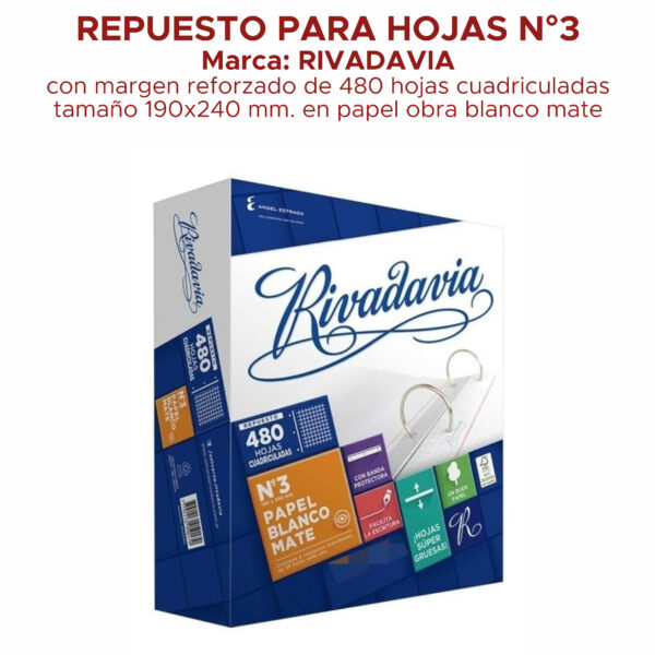 Repuesto Rivadavia N°3 480 Hojas Cuadriculadas - Imagen 2