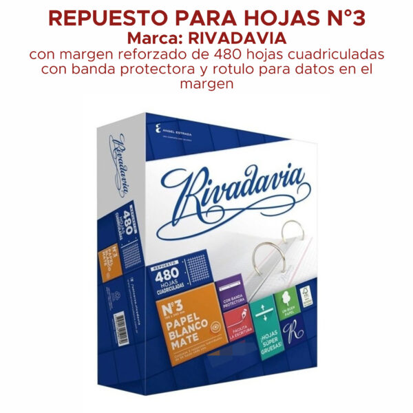Repuesto Rivadavia N°3 480 Hojas Cuadriculadas - Imagen 3