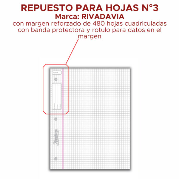 Repuesto Rivadavia N°3 480 Hojas Cuadriculadas - Imagen 4